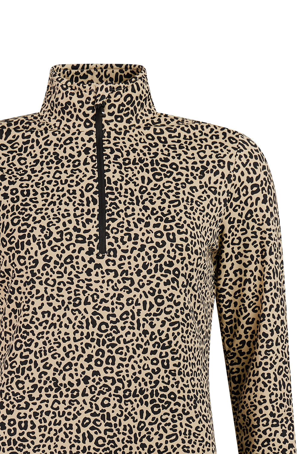 Leopard print long-sleeve top with a zipper on a white background