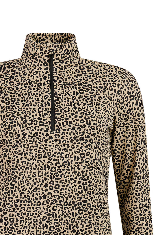 Leopard print long-sleeve top with a zipper on a white background
