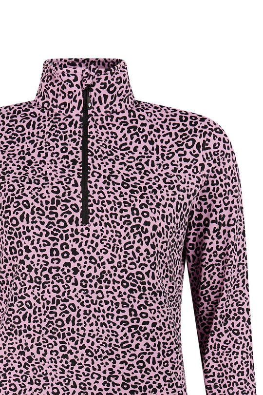 Pink long-sleeve top with black leopard print pattern on a white background