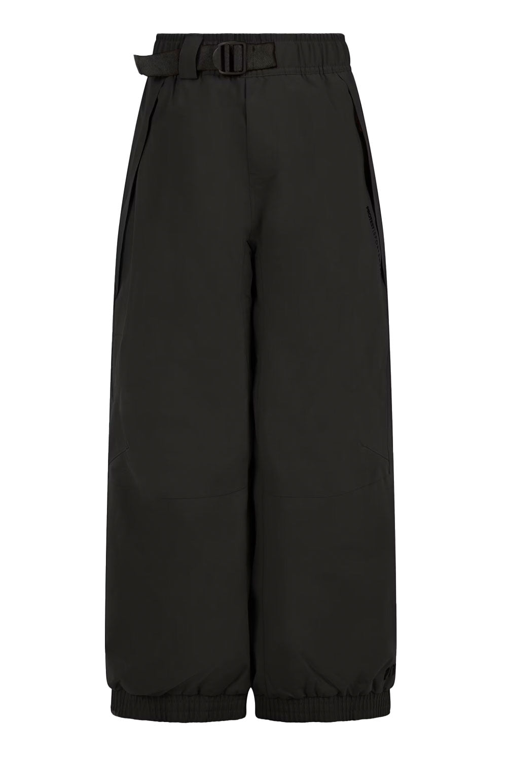 Black snow pants with a belt on a white background