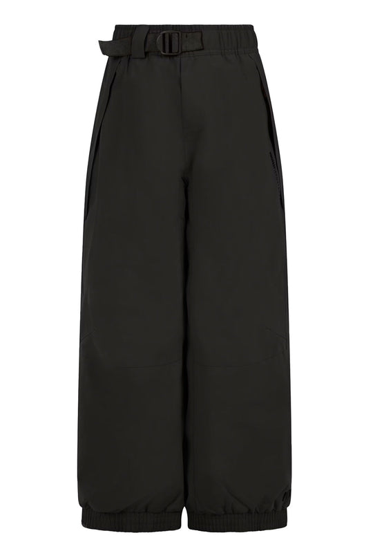 Black snow pants with a belt on a white background