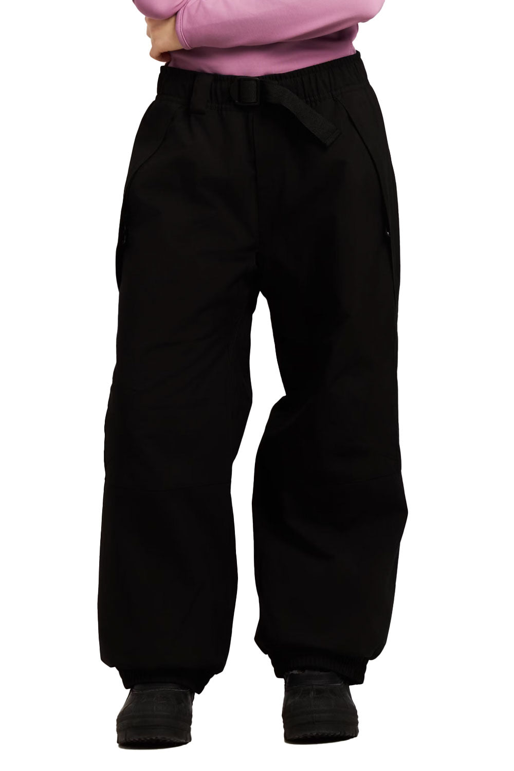 Black pants worn by a person on a white background