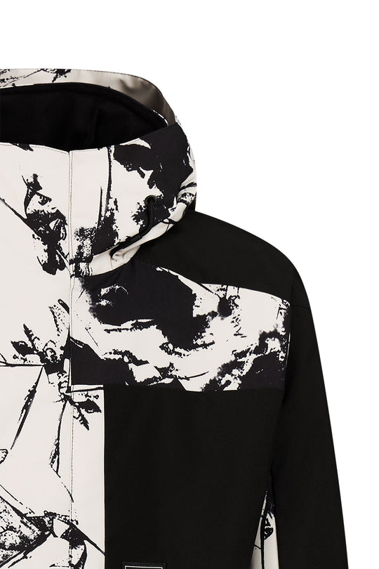 Black and white hoodie with abstract design on a white background