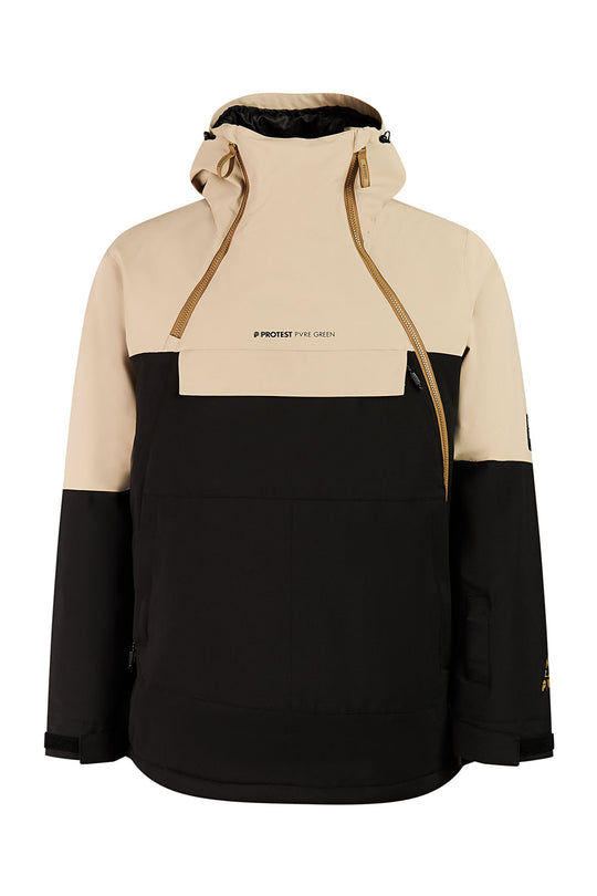Beige and black jacket with a brand logo on a white background
