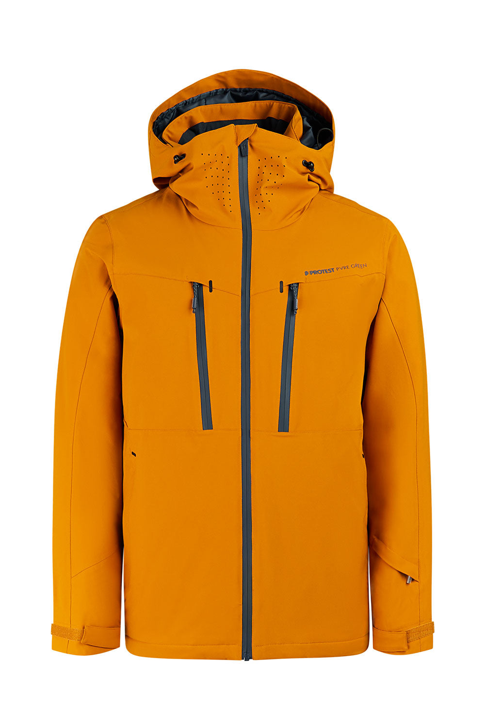 Orange jacket with black zippers on a white background