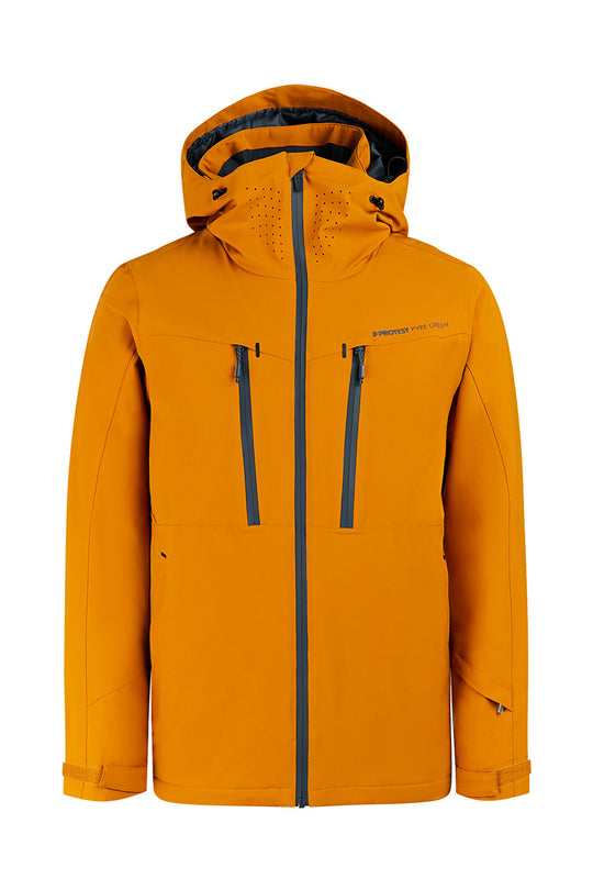 Orange jacket with black zippers on a white background