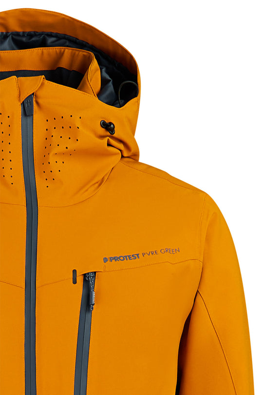 Orange jacket with black zippers and visible brand logo on a white background