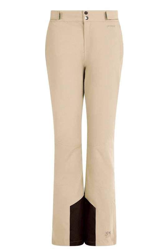 Beige pants with black accents on a white background