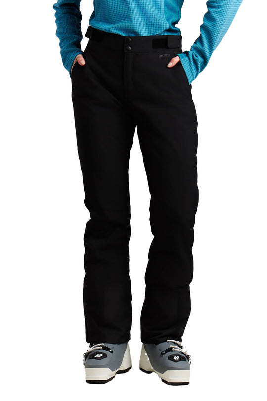 Person wearing black snow pants with a blue top on a white background