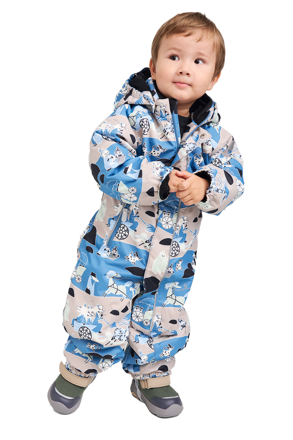 Child wearing a blue and gray patterned snowsuit on a white background