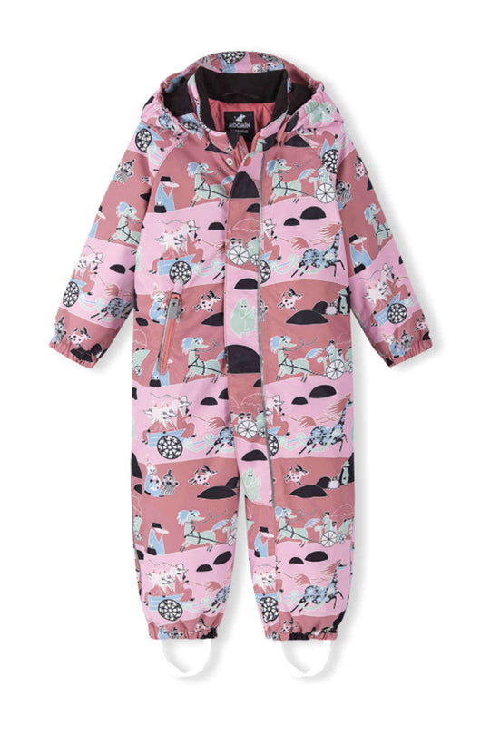 Pink children's snowsuit with animal pattern on a white background