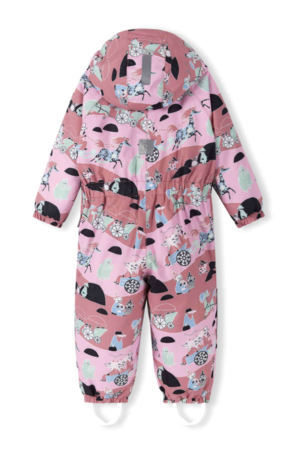 Pink children's snowsuit with animal pattern on a white background