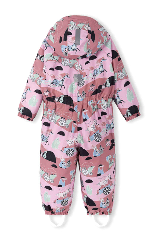 Pink children's snowsuit with animal pattern on a white background