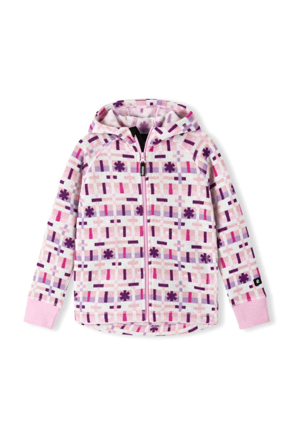 Children's pink and purple patterned jacket on a white background