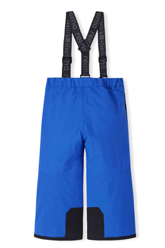 Blue pants with black suspenders on a white background