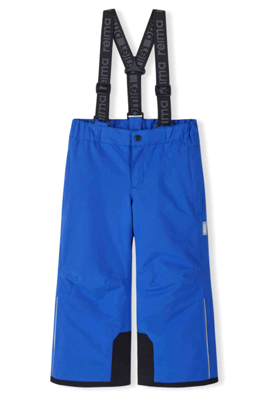 Blue snow pants with black suspenders on a white background