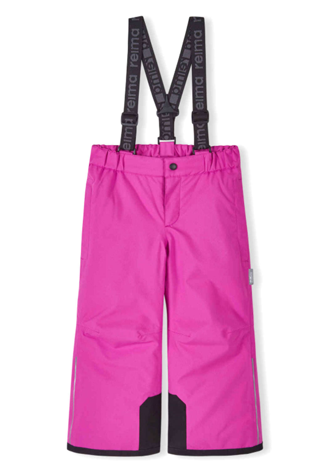 Pink snow pants with black suspenders on a white background