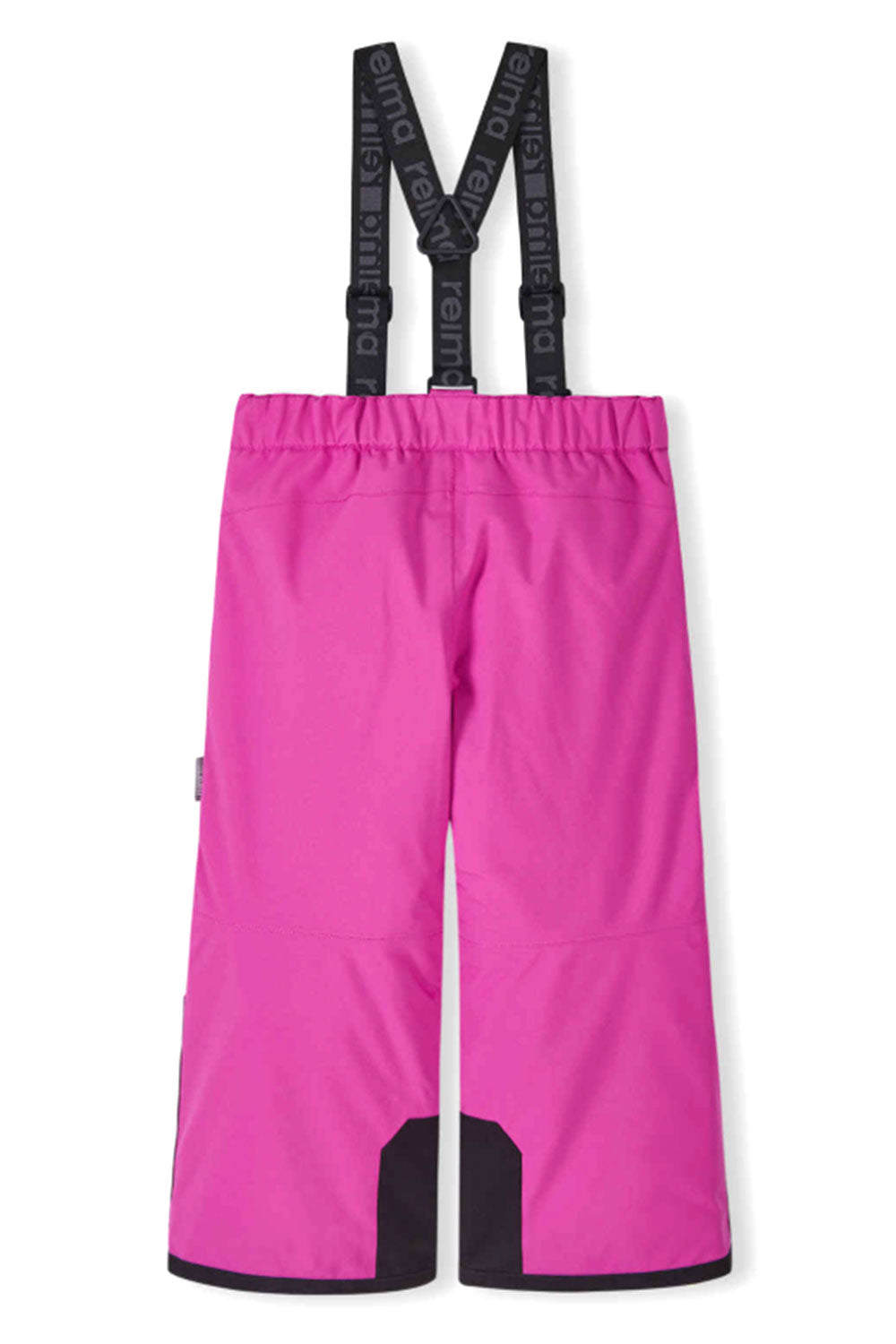 Pink snow pants with black suspenders on a white background
