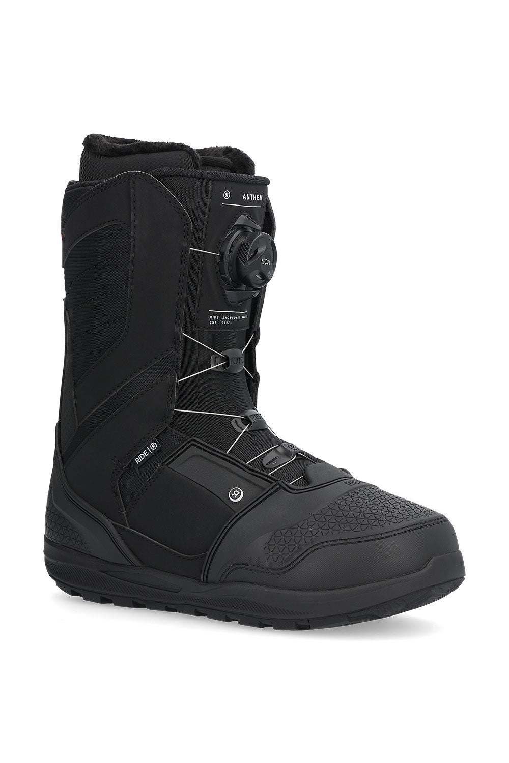 Black snowboard boot with brand logo on a white background