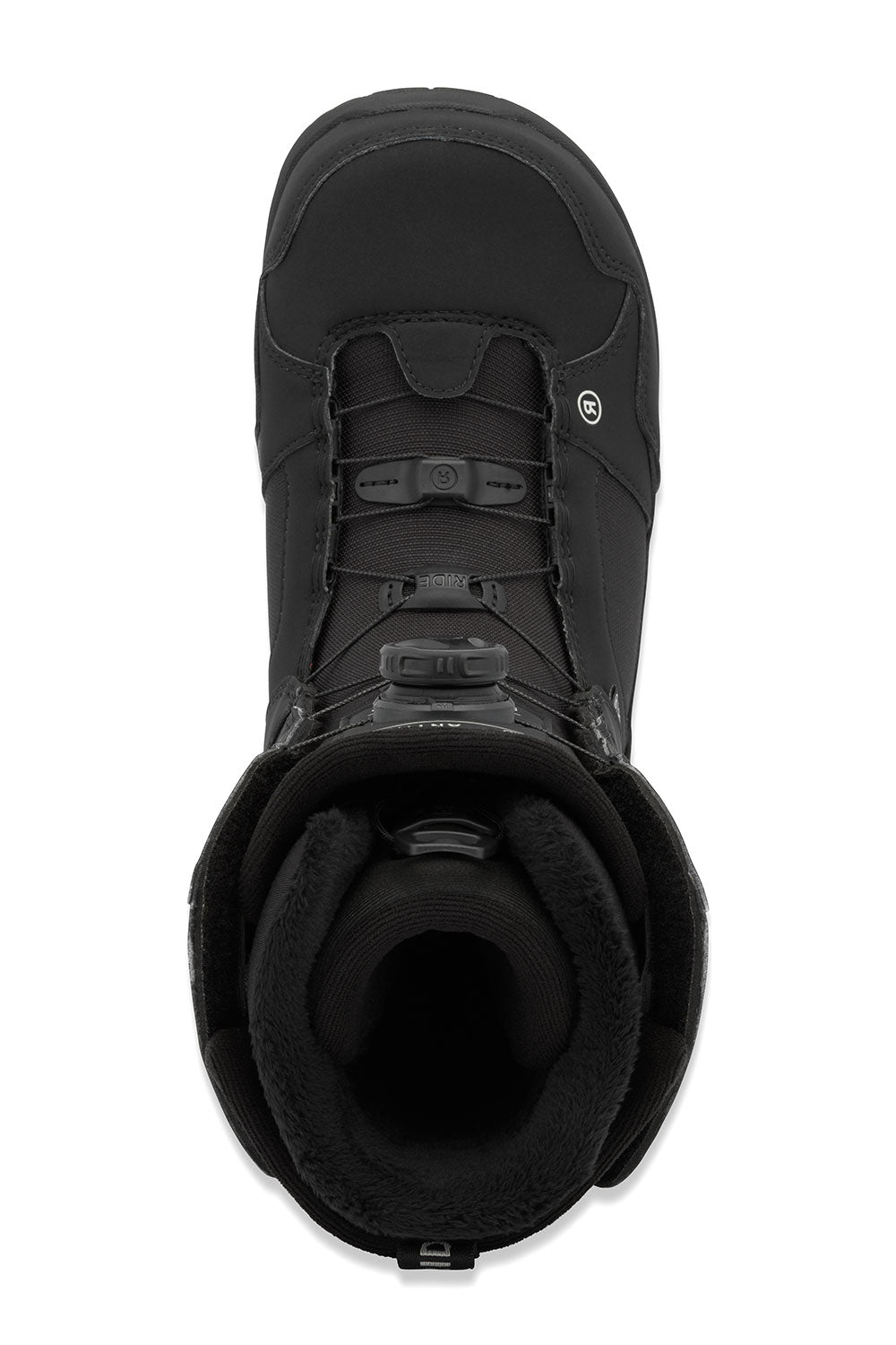 Black snow boot from a top-down perspective on a white background
