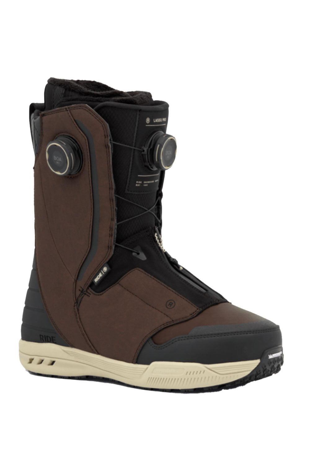 Brown and black snowboard boot with visible brand logo on a white background