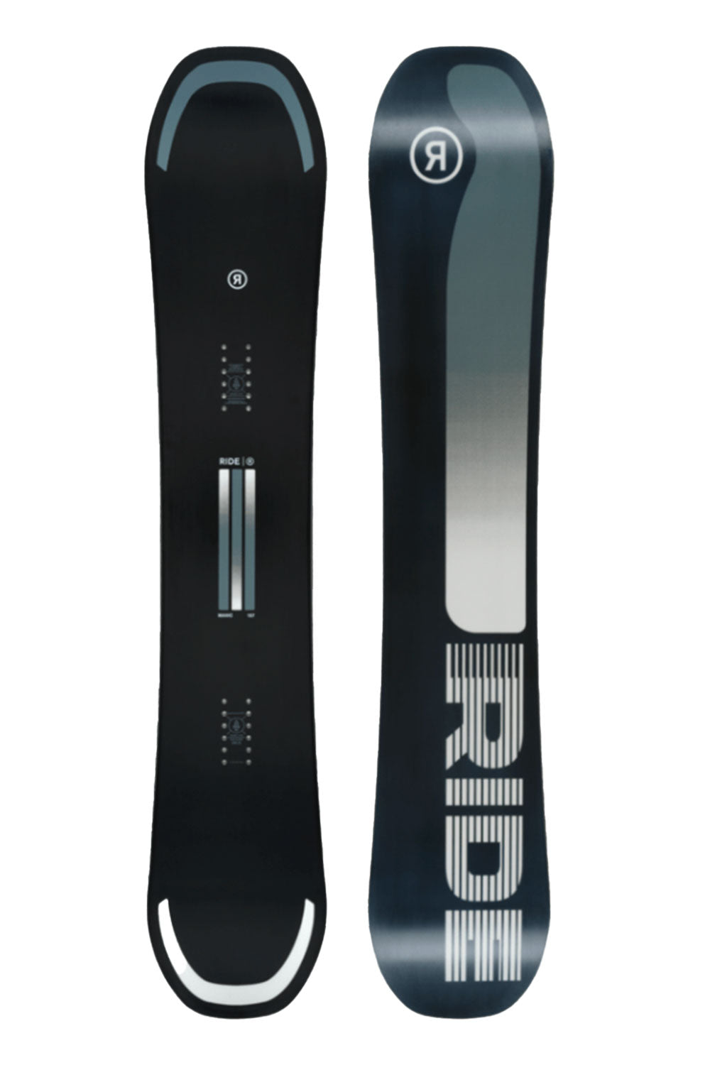 Black and gray snowboard with 'RIDE' branding on a white background