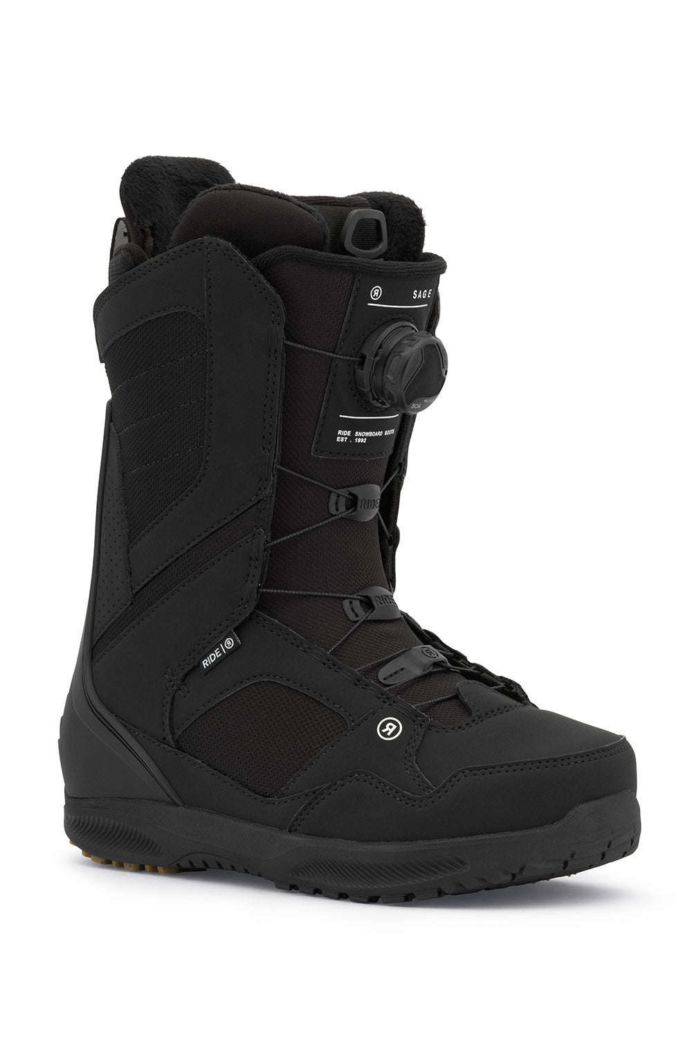 Black snowboard boot on a white background