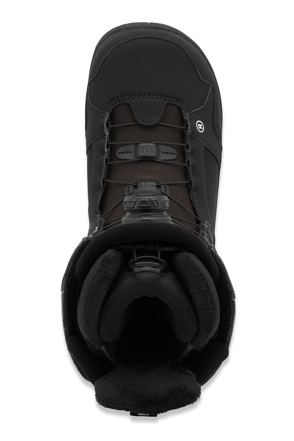 Black snowboard boot with visible brand logo on a white background