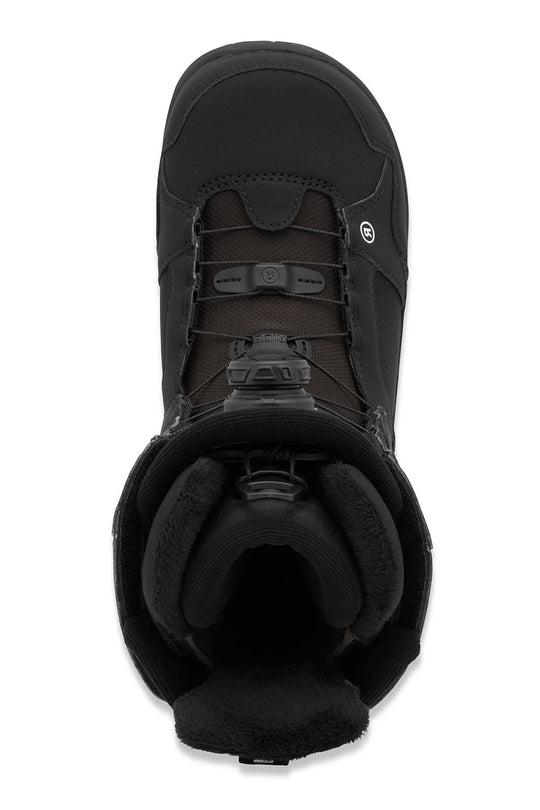 Black snowboard boot with visible brand logo on a white background