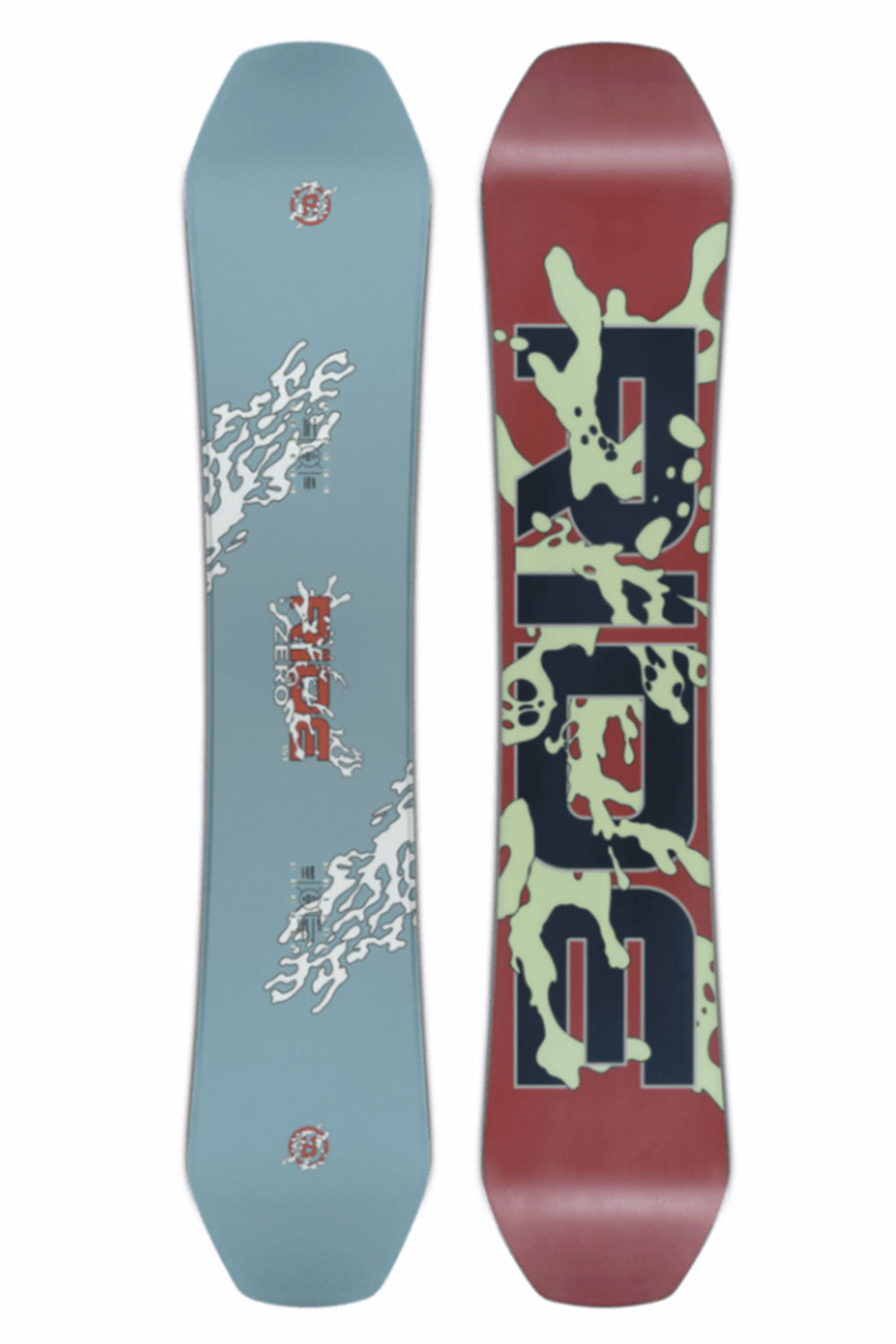 Two snowboard decks, one blue with white graphics and the other red with green and black graphics, on a white background.
