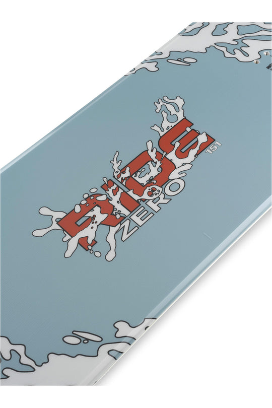 A close-up of a snowboard deck featuring a light blue base with a large red and white 'BIDU ZERO' graphic and white splash-style border details.