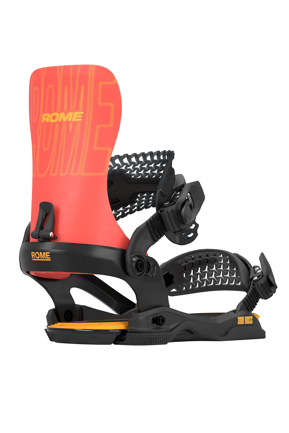 Orange and black snowboard binding with 'Rome' branding on a white background