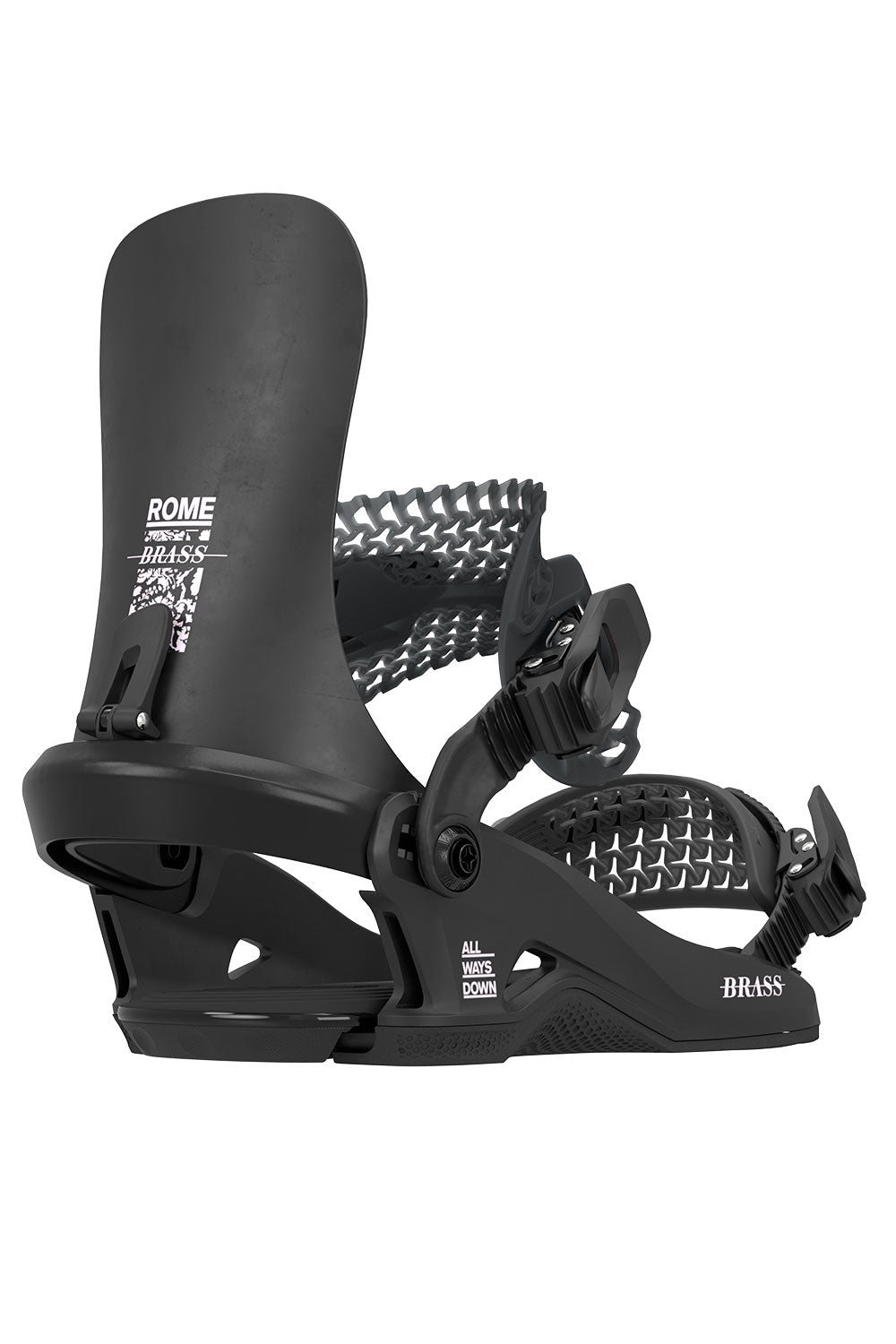 Black snowboard bindings with 'Rome' branding on a white background