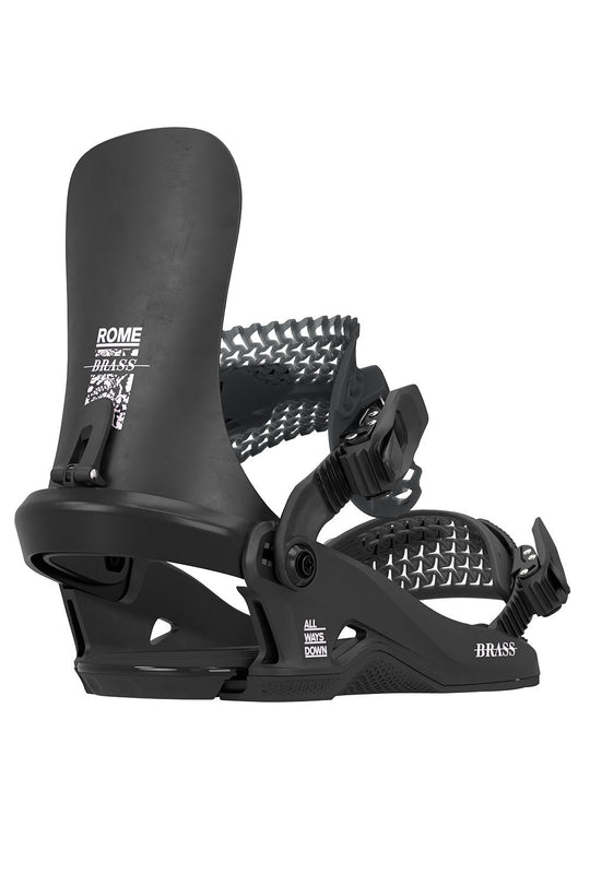 Black snowboard bindings with 'Rome' branding on a white background