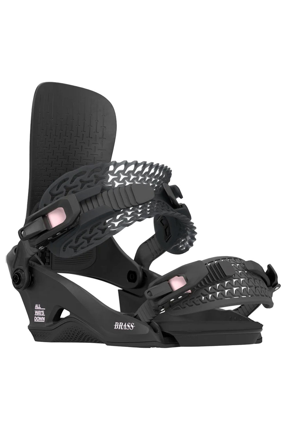 Black snowboard binding on a white background