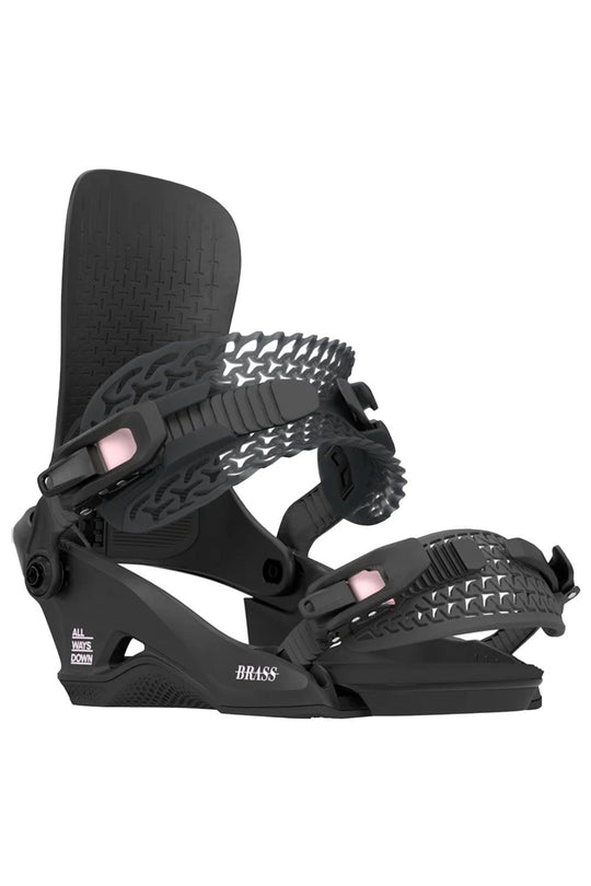 Black snowboard binding on a white background