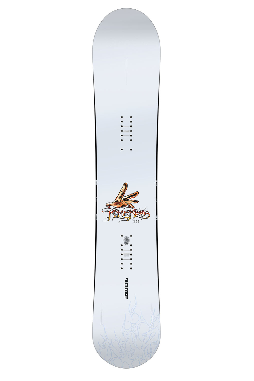 White snowboard with branding on a white background