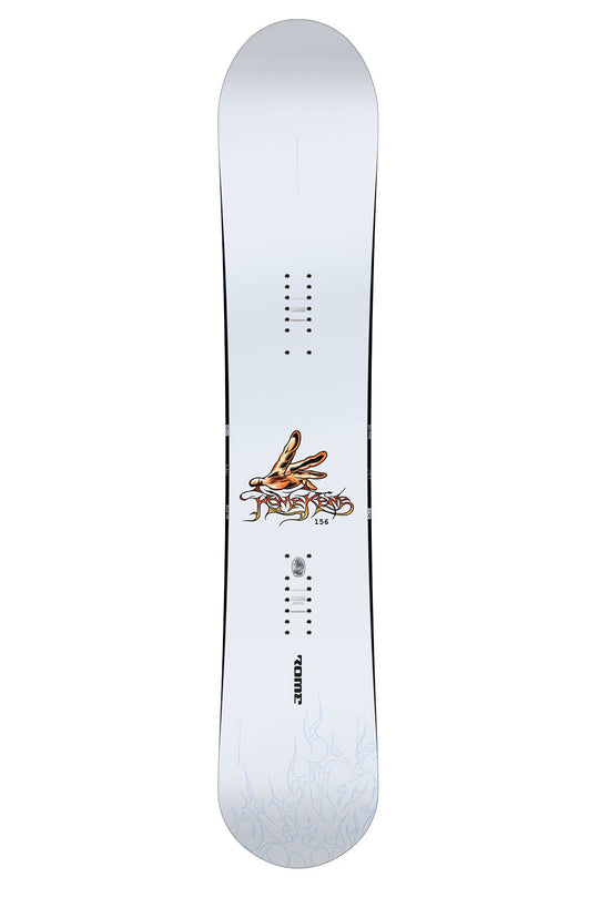 White snowboard with branding on a white background