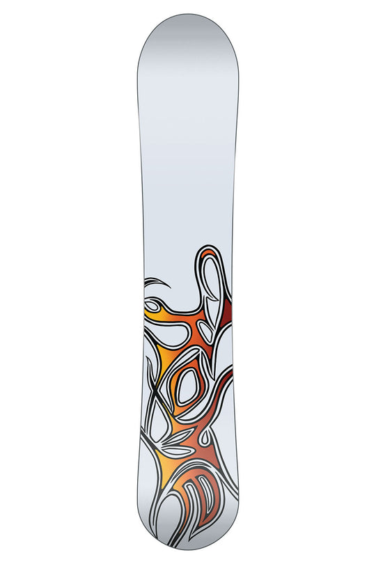 Snowboard with a colorful abstract design on a white background