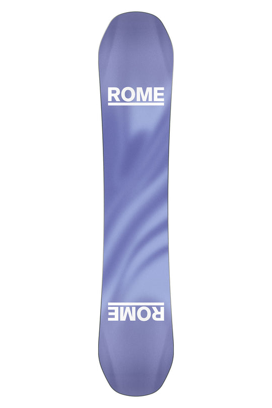 Purple snowboard with 'Rome' branding on a white background