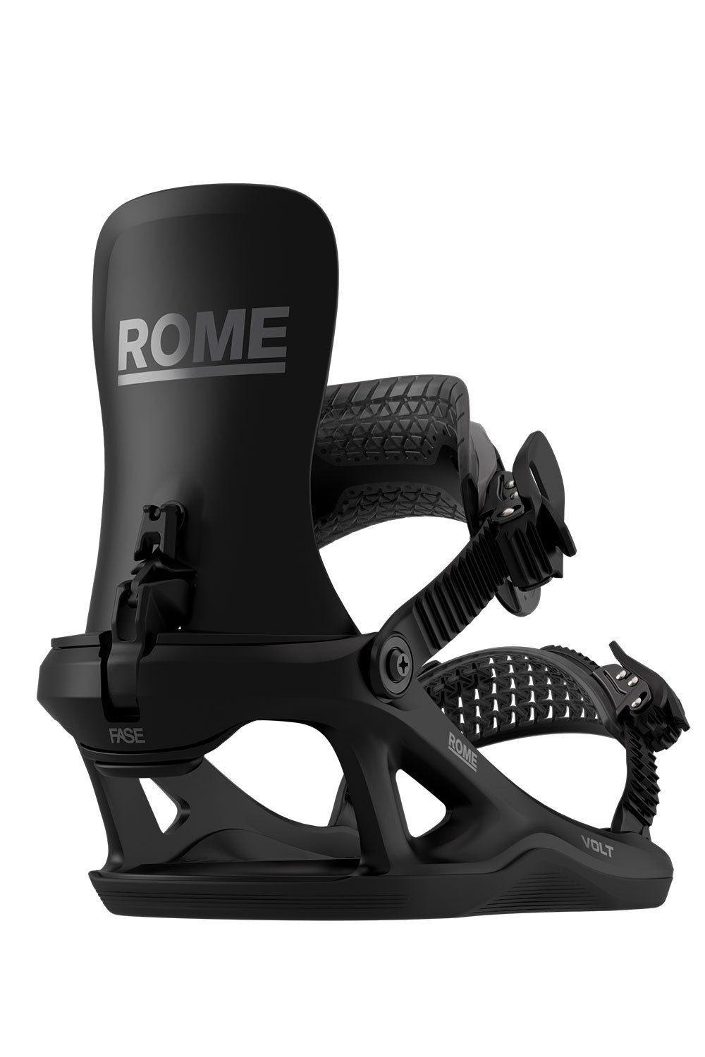 Black snowboard binding with 'Rome' branding on a white background