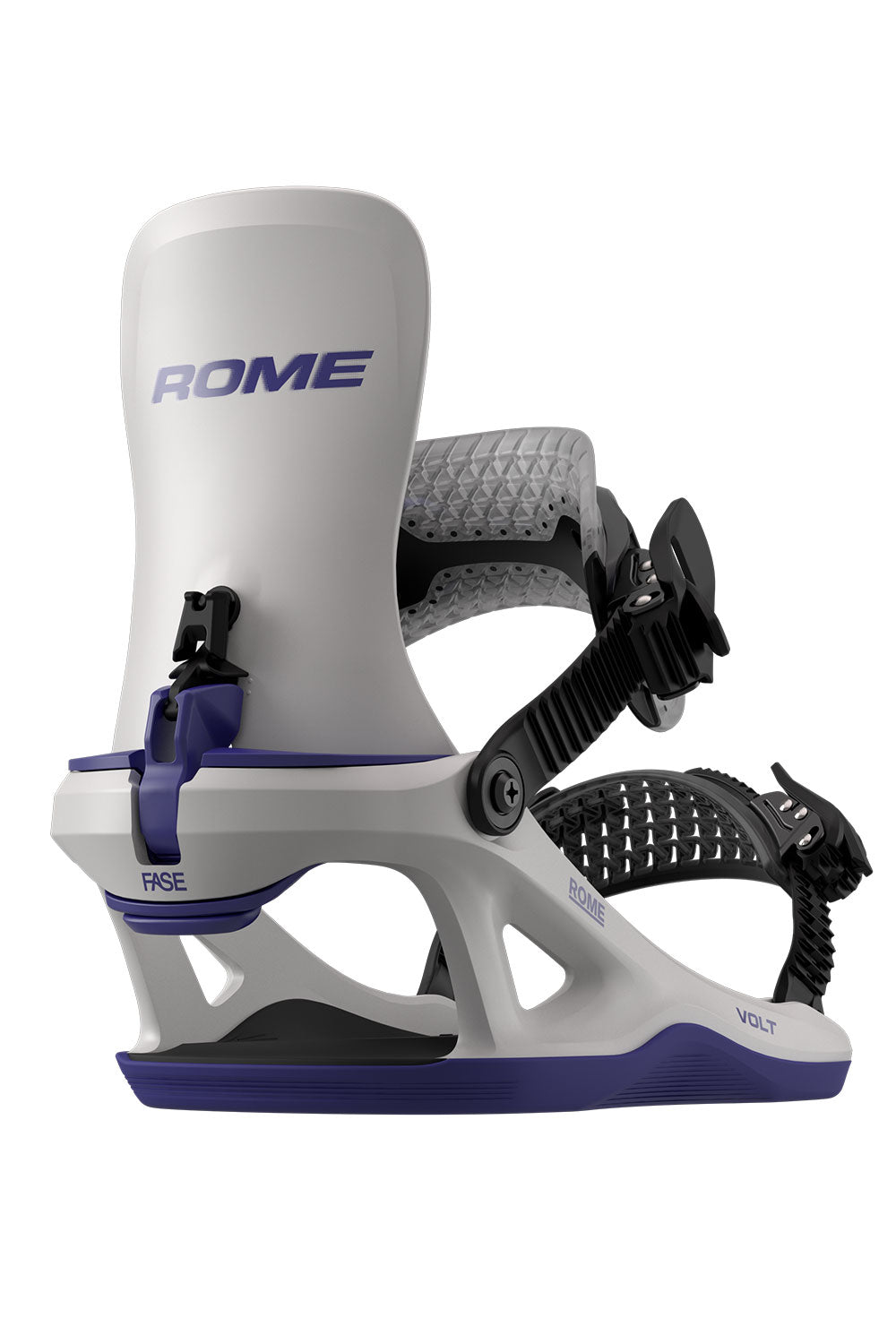 White and purple snowboard binding with 'Rome' branding on a white background