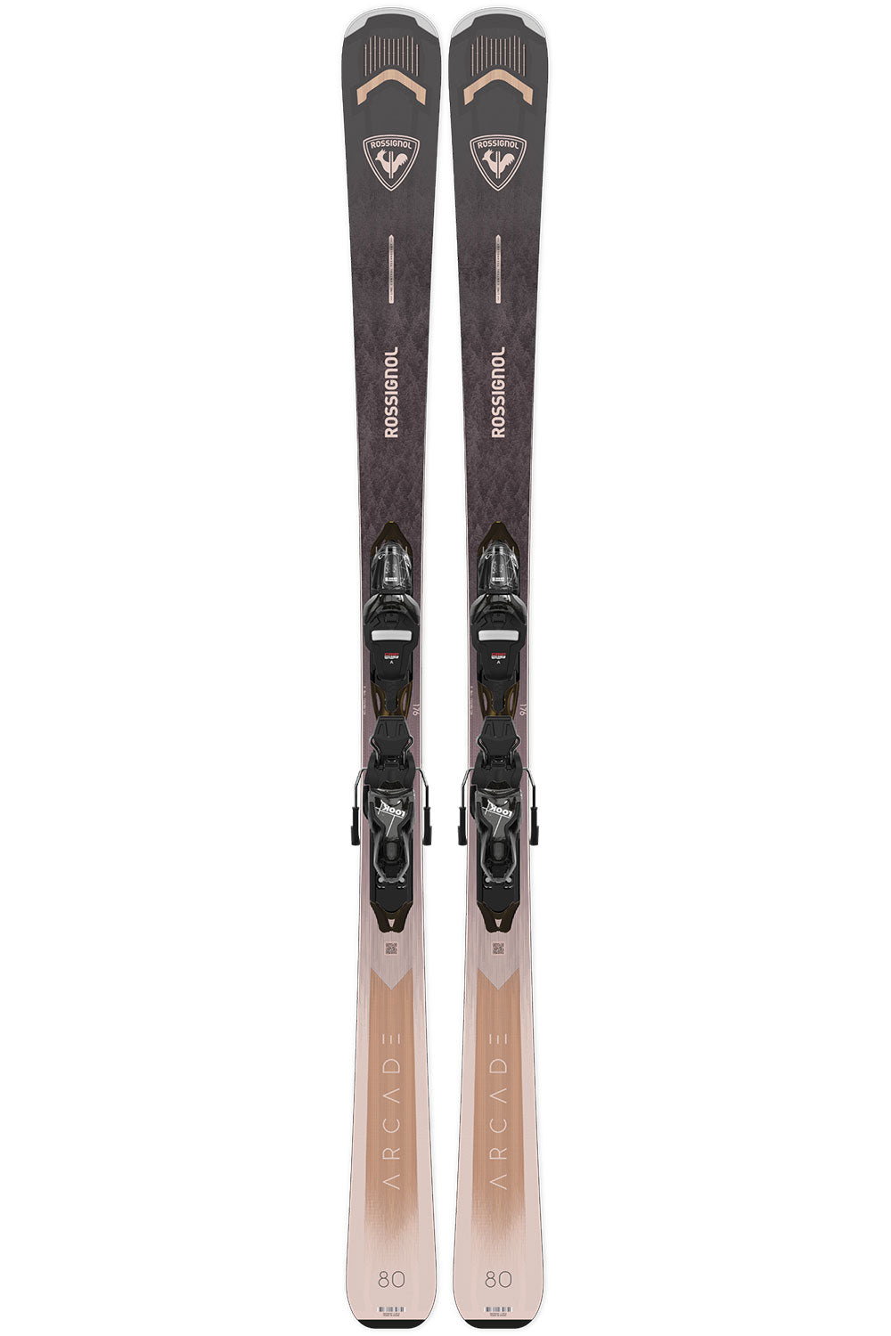 Pair of Rossignol ski with bindings on a white background