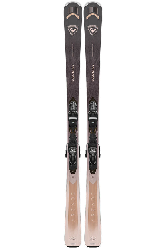 Pair of Rossignol ski with bindings on a white background