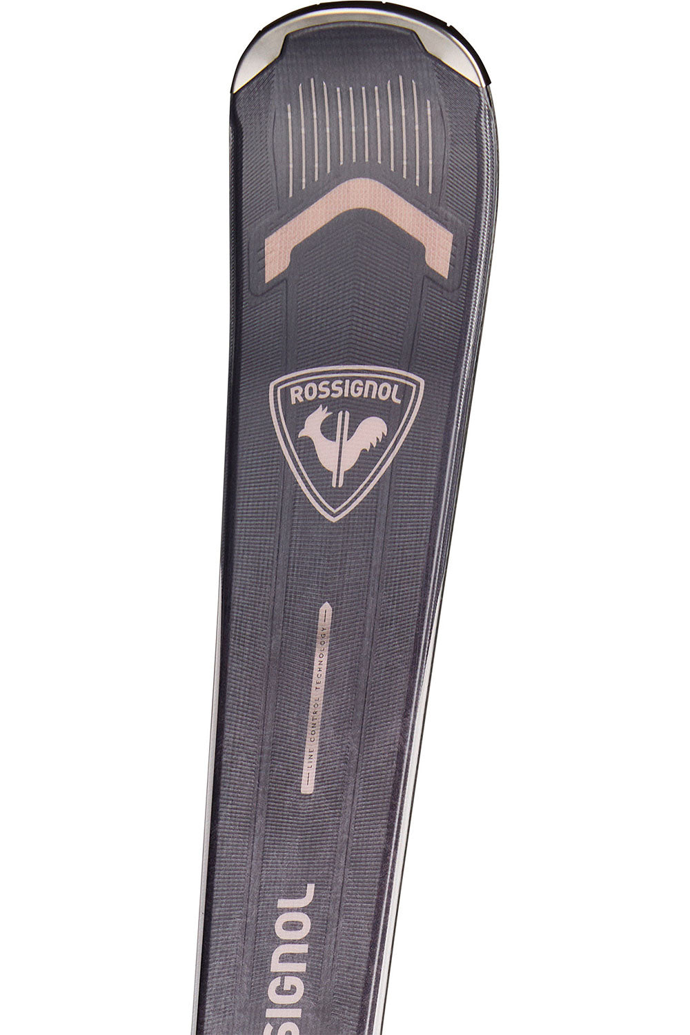 Close-up of a Rossignol ski with the brand logo on a white background