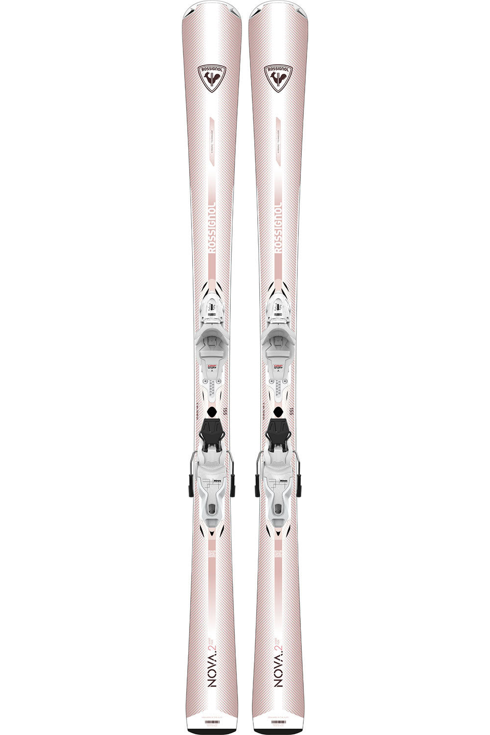 Pair of pink skis with bindings on a white background