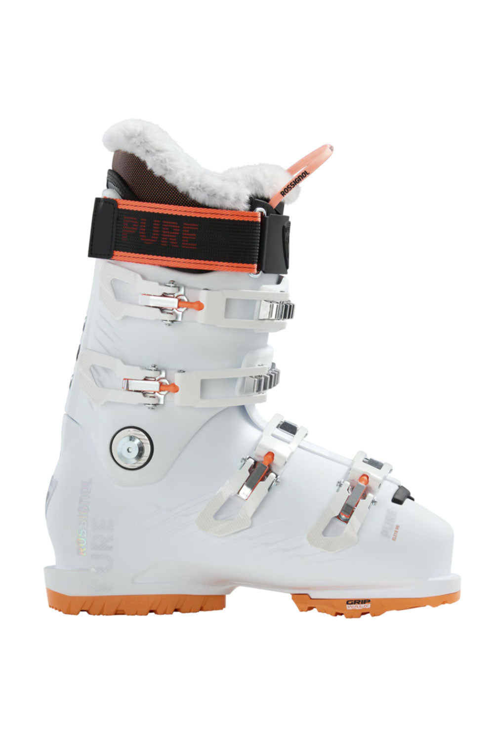 White ski boot with orange accents on a white background