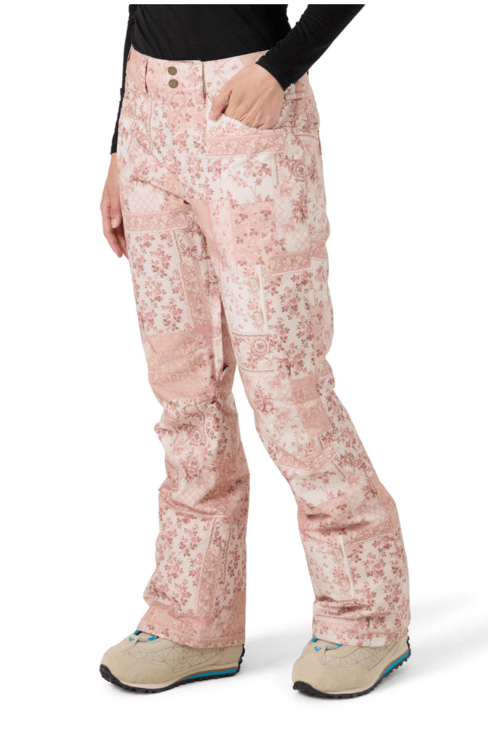 Pink floral-patterned pants worn by a person on a white background