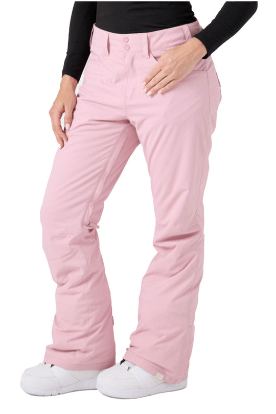 Pink snow pants worn by a person on a white background