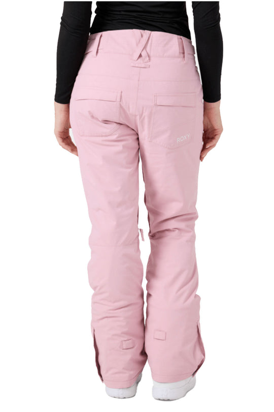 Pink snow pants worn by a person on a white background